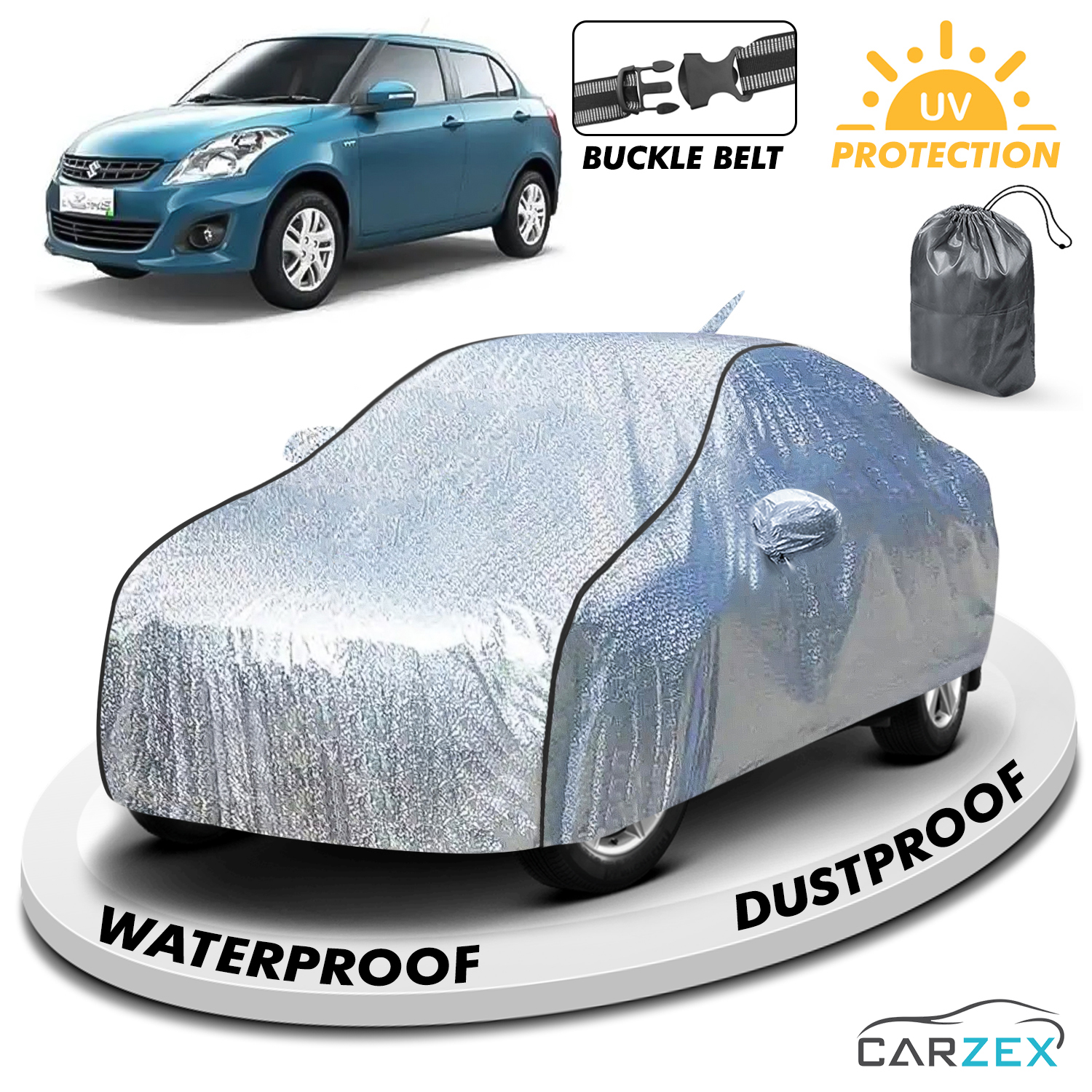 Carzex Waterproof & Heat Resistant Metallic Silver With Black Border Car Body Cover with Mirror & Antenna Pockets For Maruti Suzuki Dzire 2012